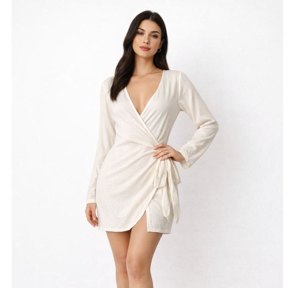 WeWoreWhat Linen Blend Dress Women's Size L Cream V-Neck Long Sleeve